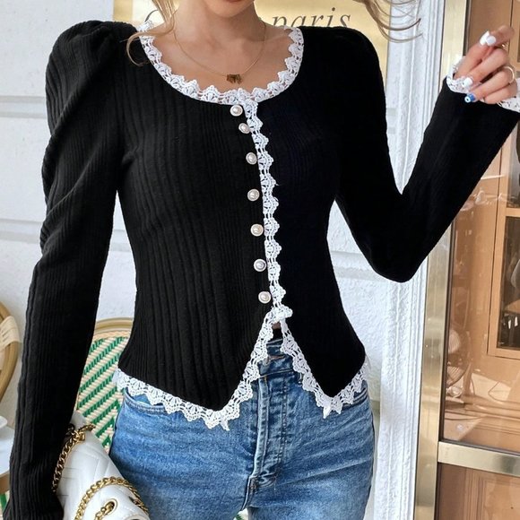 Black Preppy Womens Guipure Lace Trim Puff Sleeve Button Front Jacket - Picture 5 of 5